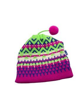 Vintage 90s CB Sports Wool Knitted Ski Winter Beanie Pom Pom Pink Neon Green